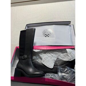 Vince Camuto Black Knee-High Boots With Side Zipper & Buckle Strap Detail